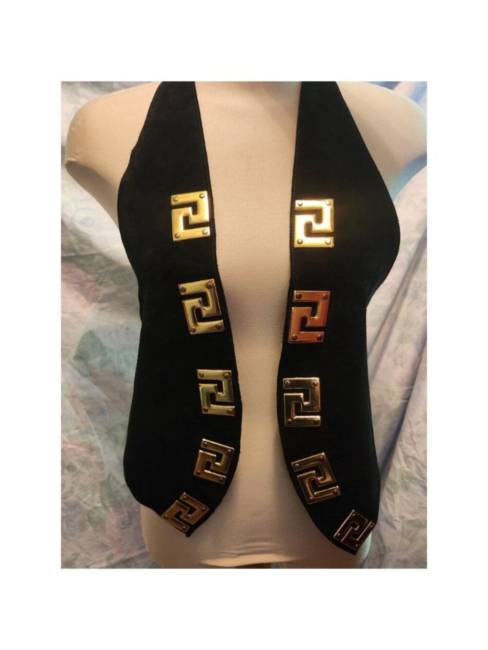 Vintage Suede Halter Vest Gold Greek Key Hardware Open Back Genuine leather